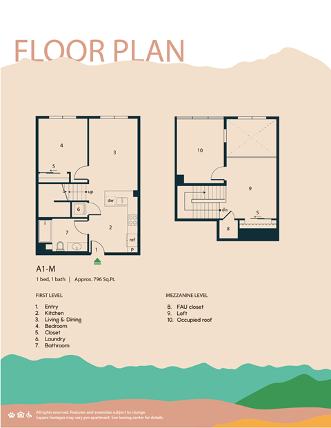 A floor plan of an apartment with two bedrooms and two bathrooms.